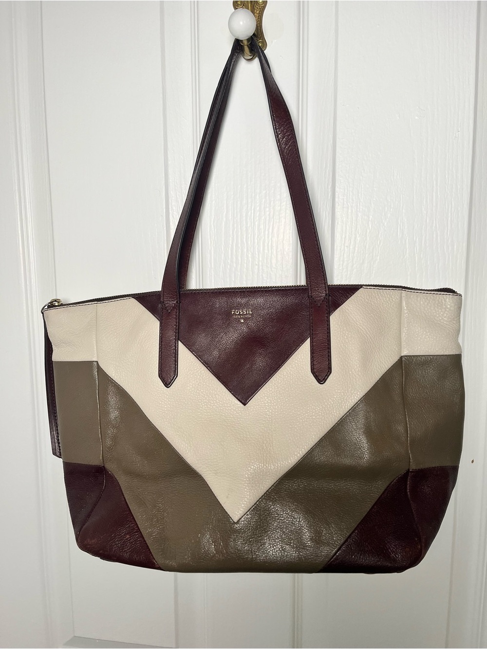 Fossil Colorblock Leather Tote in Cream, Olive & Burgundy